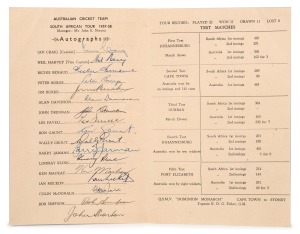 The Australian Cricket Team toured South Africa from October 1957 to March 1958 and played a five-match Test Series. Australia won the Test series 3&ndash;0. This is an extremely scarce Shaw Savill Line brochure printed for distribution to guest aboard the "Dom