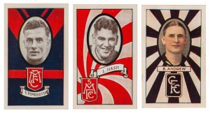 1933 Allen's "League Footballers" (striped background colours), complete set (144) in slip-in album pages as collected by the late Collingwood footballer, Bruce Andrew.