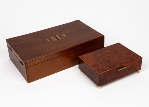 A French amboyna and kingwood musical jewellery box with turned ivory feet; together with an attractive antique French vanity box with fold-out easel mirror and compartments, 19th/20th century, (2 items), ​​​​​​​20cm and 36cm wide