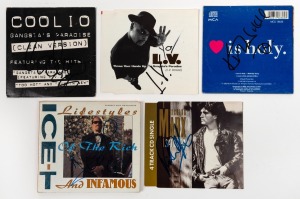 MUSIC: Signed CD slicks - ICE-T (Lifestyles of the Rich and Famous, 1991), Richard Marx (Satisfied, 1989), Coolio (Gangsta's Paradise, 1995), Kim Wilde (Love is Holy, 1992), L.V (Throw Your Hands Up/Gangsta's Paradise, 1995). Ex. Glenn A. Baker collection