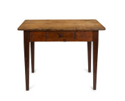 A farmhouse scullery table, Baltic pine and blackwood, square tapering legs with peg joint construction and unusual dovetailed drawer front, South Australian origin, 19th century, 76cm high, 100cm wide, 60cm deep