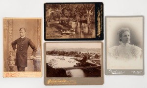 Four cabinet card size photographs, circa 1880s: "Rocky River, South Australia" image by G.F. Jenkinson depicting the "Agamemnon" ferry at Laura; a view of Launceston; a studio portrait of a naval officer (by Boyd's New Palace of Art, Sydney) and a female