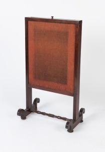 An antique English mahogany adjustable fire screen with turned stretcher base, early 19th century and later, 152cm high, 95cm wide (196cm wide when open), 52cm deep