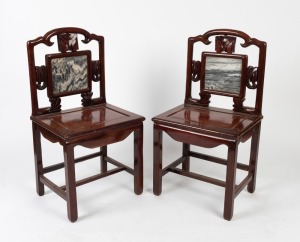 A pair of Chinese rosewood side chairs with marble inset tablet backs, 20th century, 100cm high, 52cm wide, 42cm deep