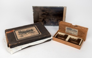 GLASS PLATE NEGATIVES: Box of twelve c. 1900 13 x 18cm negatives featuring various portraits of a Dutch family, plus thirteen 6 x 13cm stereo glass slides with views of English country houses.