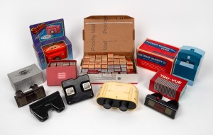 TRU-VUE: Group of three c. 1960s Bakelite Tru-Vue stereoscopes, together with more than fifty Tru-Vue film strips in maker's boxes, plus four other stereoscopes issued by other manufacturers.