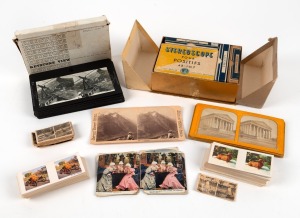 STEREO CARDS: Remainder lot of more than two hundred stereo cards and slides, mostly small format, plus one St&eacute;r&eacute;ofilms Brugui&egrave;re stereoscope in maker's box.