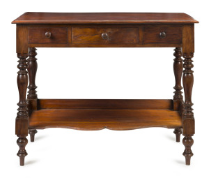 An antique Australian cedar hall table with single central drawer flanked by two dummy drawers, South Australian origin, circa 1865, 75cm high, 97cm wide, 50cm deep
