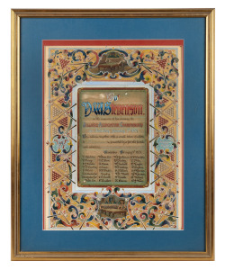 H.W. STEVENSON: Hand-painted illuminated presentation certificate presented to Stevenson's wife to mark the occasion of Stevenson winning the Billiard Association Championship in Maidstone on January 5th 1901, with scores (Stevenson 9000 to his longtime rival Charles Dawson's 6406) and list of friends and admirers featured; framed and glazed, 68 x 56cm overall.