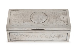H.W. STEVENSON: Sterling silver presentation cigarette box with timber lining, 19 x 6 x 9cm, engraved to the lid 'Presented By Thurston & Co Ltd To H.W. Stevenson For Making The English Records Break Of 354 Off The Red Ball & For Making On 5th May The Record Break Under The B.C.C. [Billiards Control Club] Rules Of 633 - 1909'. Weight: 675g incl. timber liner.