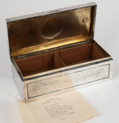 H.W. STEVENSON: Sterling silver presentation cigarette box with timber lining, 19 x 6 x 9cm, engraved to the lid 'Presented By Thurston & Co Ltd To H.W. Stevenson For Making The English Records Break Of 354 Off The Red Ball & For Making On 5th May The Rec - 4