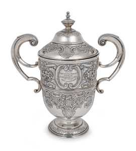 H.W. STEVENSON: Sterling silver trophy cup, height 36cm, approx. 1500 grams, with inscriptions '1st Prize - Snookers Pool Handicap - Played At Thurston's Hall, London - 29th Sept. 1918 - Won By H.W. Stevenson' and 'Dick Burge Memorial Cup - Presented By Geo: Robey Esq.'.