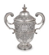 H.W. STEVENSON: Sterling silver trophy cup, height 36cm, approx. 1500 grams, with inscriptions '1st Prize - Snookers Pool Handicap - Played At Thurston's Hall, London - 29th Sept. 1918 - Won By H.W. Stevenson' and 'Dick Burge Memorial Cup - Presented By G