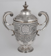 H.W. STEVENSON: Sterling silver trophy cup, height 36cm, approx. 1500 grams, with inscriptions '1st Prize - Snookers Pool Handicap - Played At Thurston's Hall, London - 29th Sept. 1918 - Won By H.W. Stevenson' and 'Dick Burge Memorial Cup - Presented By G - 2