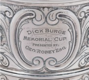H.W. STEVENSON: Sterling silver trophy cup, height 36cm, approx. 1500 grams, with inscriptions '1st Prize - Snookers Pool Handicap - Played At Thurston's Hall, London - 29th Sept. 1918 - Won By H.W. Stevenson' and 'Dick Burge Memorial Cup - Presented By G - 4