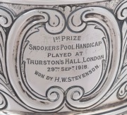 H.W. STEVENSON: Sterling silver trophy cup, height 36cm, approx. 1500 grams, with inscriptions '1st Prize - Snookers Pool Handicap - Played At Thurston's Hall, London - 29th Sept. 1918 - Won By H.W. Stevenson' and 'Dick Burge Memorial Cup - Presented By G - 5