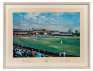 TWO framed limited edition prints: "World Cup Final Lords 1999" [76/300] signed by the artist, Jocelyn Galsworthy, 61 x 71cm overall; also, "The Oval" by Alan Fearnley, signed by Alec and Eric Bedser, 45 x 60cm overall. (2 items).