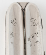 H.W. STEVENSON: Sterling silver pocket cigar case, length 13cm, engraved to the lid 'C.L. to H.W.S. 15-7-20'. Weight: 86g. - 2