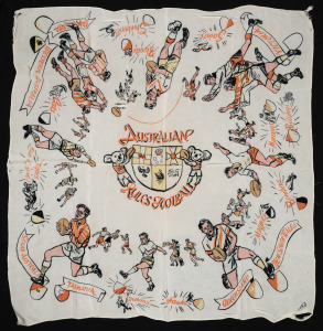 A rare souvenir scarf by "Fresca" featuring all twelve VFL Club mascots and the teams where Australian Rules Football was played, circa 1950s, with club nicknames including the "Bloods", "the Maroons" (Fitzroy, with a gorilla mascot), the "Shinbones" (cor