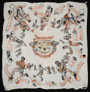A rare souvenir scarf by "Fresca" featuring all twelve VFL Club mascots and the teams where Australian Rules Football was played, circa 1950s, with club nicknames including the "Bloods", "the Maroons" (Fitzroy, with a gorilla mascot), the "Shinbones" (cor