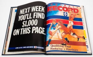 THE 1985 ESSENDON PREMIERSHIP: A complete set of the five Finals "Football Records", attractively bound together in a single dark blue hard cover book: comprising of the Elimination Final (North Melbourne defeated Carlton); the Qualifying Final (Hawthorn 