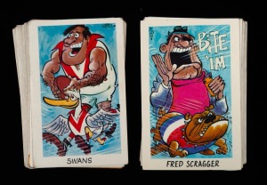 1973 SUNICRUST "WEG'S Fantastic Footy Cartoons" an almost complete set [36/40] plus some duplicates. (Total: 65); mixed condition.