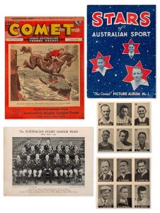 "THE COMET" - YOUNG AUSTRALIA'S PREMIER WEEKLY: The complete run, from Vol.1 No.1 (April 9th, 1936) to the final edition, Vol.1 No.18 (August 7, 1936), together with the twelve sheetlets of 6 "Stars of Australian Sport" which accompanied 12 editions, plus two Rugby League team inserts and a Duncan Gray insert which accompanied 3 editions, an example of "The Comet" Picture Album No.1, which could be ordered for 1/- and a full page advertisement introducing the new magazine