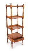 A rare Australian figured huon pine four tier wotnot with single drawer and well turned tapering column supports on brass castors, Tasmanian origin, circa 1840, 138cm high, 46cm wide, 38cm deep - 2