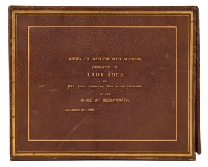 Ornate leather case with gilt-embossed titles: "Views of Beechworth Scenery, Presented to Lady Loch by Mrs. John Fletcher, Wife of the President of the Shire of Beechworth. December 30th 1885." Comprising of 17 albumen photographs mounted on thick card wi