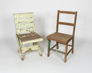 Two rustic green painted timber chairs