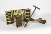 Australian Folk Art painted toy scooter, miniature chest of drawers and tool rack, early to mid 20th century, (3 items), the miniature chest 35cm high