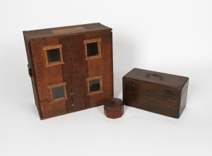 An antique instrument case; together with an octagonal Australian timber box and a Folk Art dolls house fashioned from a tool chest, 19th/20th century, (3 items), the dolls house 52cm high