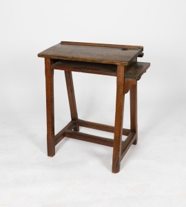 An antique Australian kauri pine school desk with inkwell recess and side shelf, South Australian origin, 19th century, 76cm high, 66cm wide, 33cm deep