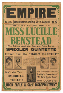EMPIRE "MISS LUCILE BENSTEAD", antique theatre poster mounted on masonite board, 75 x 50cm overall