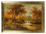 ARTIST UNKNOWN, (two untitled river scene landscapes), oil on canvas, both signed lower right (illegible) and dated "'76", 60 x 90cm, 74 x 105cm each overall