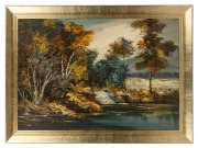 ARTIST UNKNOWN, (two untitled river scene landscapes), oil on canvas, both signed lower right (illegible) and dated "'76", 60 x 90cm, 74 x 105cm each overall - 2