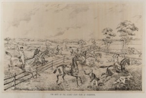 ARTIST UKNOWN, "The Meet of the Sydney Hunt Club at Homebush", lithograph, "Supplement to the 'Illustrated Sydney News' 1873", "Printed by Gibbs, Shallard, & Co., Lithographers, 108 Pitt Street, Sydney", laid down on paper, overall 57 x 84cm.