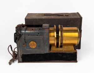 Brass and tin helioscopic magic lantern, c. 1890s, with steel fitted case. Modified for electric use.