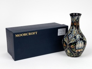 MOORCROFT "Tribute To William Morris" English floral porcelain vase on blue ground by Rachel Bishop, in original box of issue, circa 2004, impressed factory mark and artist details to base, 20cm high