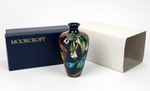 MOORCROFT English pottery trial vase with birds, insects and lizard decoration, in original box of issue, circa 2005, impressed factory mark and artist details to base, 16cm high