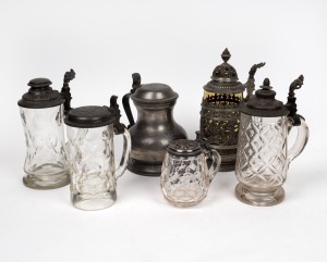 Six assorted antique German and Bohemian glass and pewter steins, 19th century and possibly earlier, ​​​​​​​the largest 25cm high
