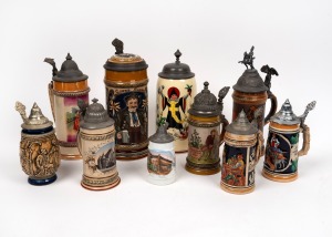 Ten assorted antique and vintage German ceramic and pewter mounted beer steins, including unusual military example, 19th century and 20th century, the largest 27cm high.