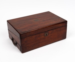 An antique English mahogany writing box with fitted interior and inkwells, mid 19th century, 14cm high, 35cm wide, 23cm deep