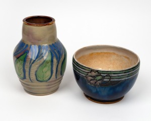 ROYAL DOULTON stoneware vase with leaf decoration; together with a ROYAL DOULTON stoneware bowl, (2 items), impressed factory mark to base, the vase 19cm high