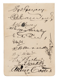 Pages from the autograph book, collected by Geoffrey Austin Street (1894 - 1940, Minister for Defence, the Army and Repatriation between 1938 and 1940; Brigadier in the AIF/CMF): circa 1912 cricketers including Syd Gregory, Charlie Macartney, Charlie Kelleway, Warwick Armstrong, William Carkeek, Albert Hartkopf and Richard Callaway (an early umpire), John Douglas (English cricket captain), J.B. Hobbs, J. Iremonger, E.J. Smith and others, together with two sketches by Street dated 1912 and 1914.