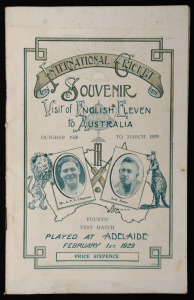 ENGLAND IN AUSTRALIA, 1928-29: "International Cricket Souvenir - Visit of English Eleven to Australia - October 1928 to March 1929 : Fourth Test Match, Adelaide, February 1st 1929", 96 page programme printed by R.M. Osborne, Currie St. Adelaide. Bradma