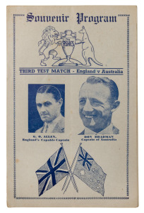 1936-37 scarce programme 'Souvenir Program, Third Test Match - England v Australia', with pictures of Gubby Allen and Don Bradman on cover.; 16pp. Printed in Melbourne. Only the second example we have offered; the previous example sold for $354 in August 