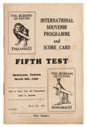 ENGLAND in AUSTRALIA 1928-29: "INTERNATIONAL SOUVENIR PROGRAMME and SCORE CARD - FIFTH TEST - Melbourne, Victoria. March 8th, 1929" 12pp [Melbourne : J.L. Anderson for A.J. Bennett]; the four page score card neatly filled out in pencil. Extremely scarce; 