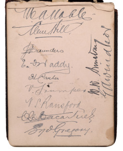 An autograph book started in December 1907 by Geoffrey Austin Street (1894-1940), with most pages still present. Noted a Queensland 1907 team (Armstrong, McLaren, Evans, Redgrave, Hartigan, etc.), a NSW team (Bardsley, Gregory, Carter, Kelleway), a Victorian team (Ransford, Armstrong, Vernon, Warne), England in Australia 1908 (Jones, Barnes, Blythe, Hobbs, Gunn), 1912 South African cricketers (Schwarz, Faulkner, Nourse, Pegler), a team featuring Trumper, Noble, Carter, Gregory and Hill; another.