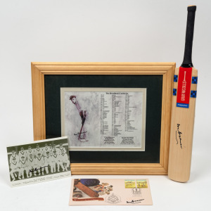 DON BRADMAN: A collection of four items signed by Bradman; each accompanied by a CofA: A miniature Gray-Nicholls bat, a reproduction postcard of the 1930 Australian team; and, a picture of the young Bradman in his batting stance with a list of his first c